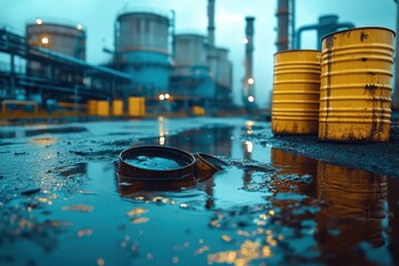 Industrial landscape featuring yellow barrels and puddles reflecting machinery and structures, highlighting the essence of manufacturing and environmental elements at a factory site