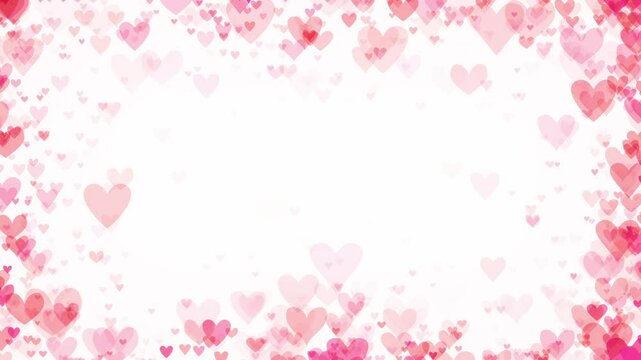 Red and pink hearts creating border on white background for Valentine's day. Heart particles floating to center frame for a romantic theme celebrating love, passion, or for Valentines day background.