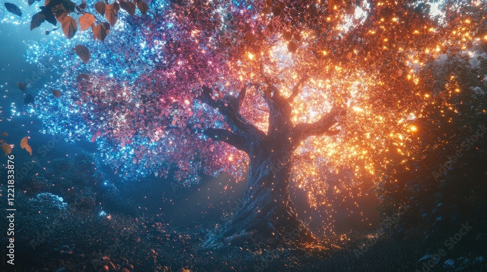 Poster enchanted tree glowing with colorful lights in a mystical forest surrounded by sparkling particles a