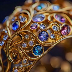 close up of modern jewelry, ring, featuring swirling gold patterns, floral designs, and sparkling gemstones
