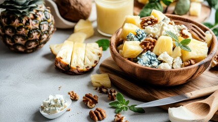 Vibrant Display of Fresh Fruit and Crunchy Nuts Arranged Artfully on a Rustic Wooden Cutting Board in Natural Light