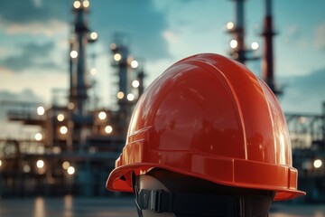 Safety Helmet at Industrial Site with Refineries in Background Showing Evening Sky and Lights, Symbolizing Occupational Health and Safety in Heavy Industry Practices