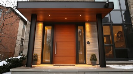 Fototapeta premium Urban entryway features a warmly toned wood door with steel accents.