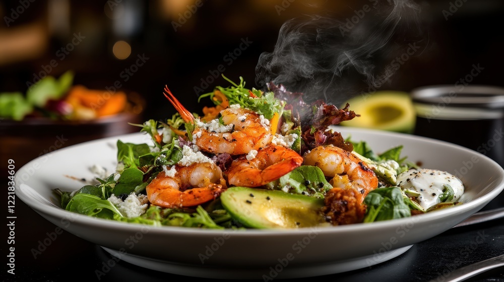 Poster fresh and colorful salad in a white bowl accompanied by a fork on a rustic wooden table creating a h