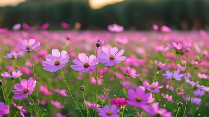 Vibrant pink flowers blooming in a sunny field create a tranquil and peaceful atmosphere, perfect for nature lovers