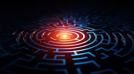 Dream goal and plan focus challenges concepts, Intricate Maze Design with Bright Center Light and Dark Background for Abstract Art Themes