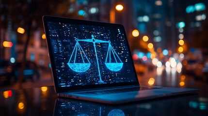 Cyber Justice Glows Brightly Laptop screen displays digital scales Night city bokeh background. AI Generated