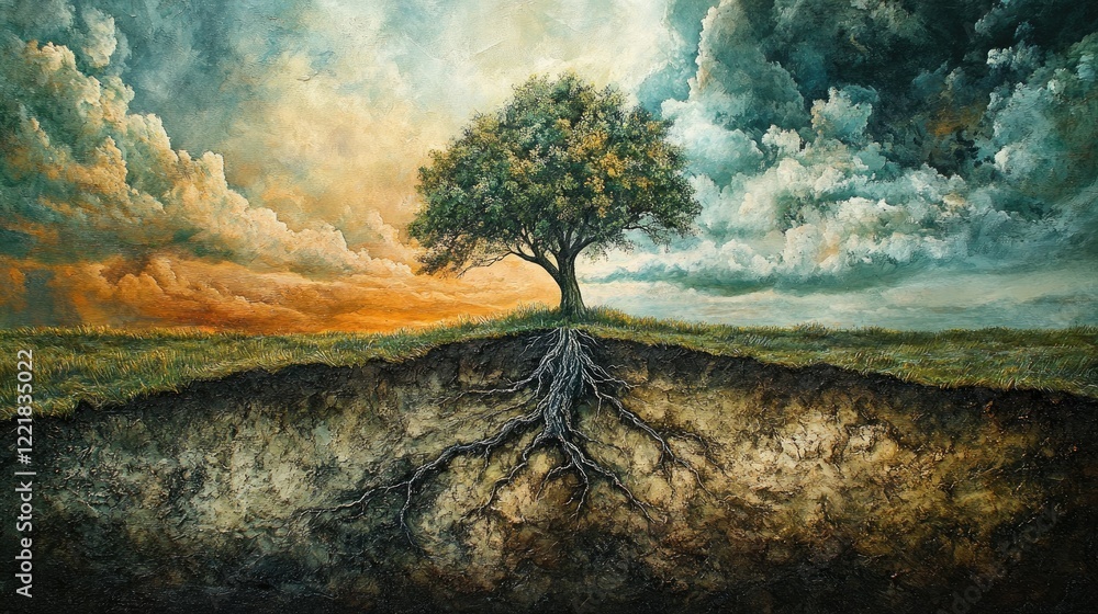 Poster surreal landscape featuring a tree with elaborate roots symbolizing growth and resilience against a 