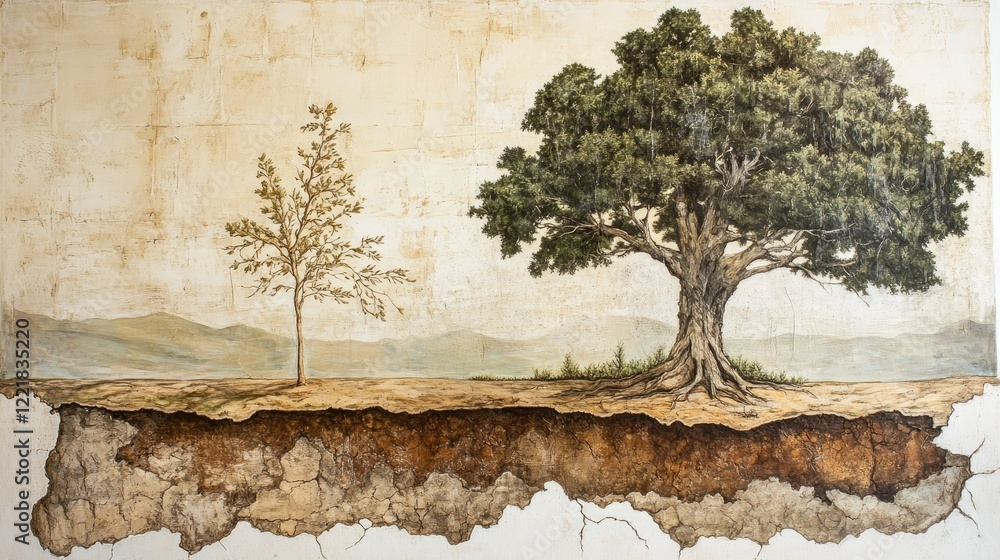 Poster artistic representation of a tree lifecycle depicting a young sapling next to a mature tree with roo