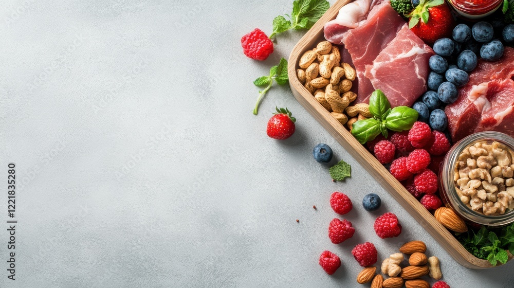 Poster a rustic wooden tray overflowing with assorted fresh fruits and nuts creating a vibrant and inviting