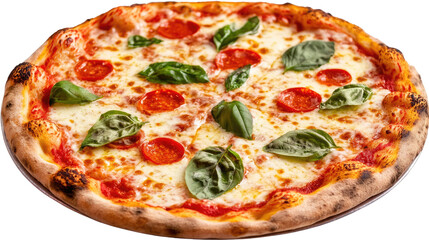Pepperoni Pizza with Basil: A delicious pepperoni pizza, generously topped with melted mozzarella cheese, spicy pepperoni slices, and fresh basil leaves. The pizza has a perfectly crisp crust.