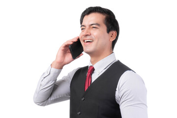 Confident businessman smiling while talking on a smartphone, dressed in a formal vest and tie, isolated on a transparent background, symbolizing success, communication, and corporate elegance