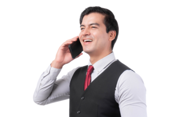 Confident businessman smiling while talking on a smartphone, dressed in a formal vest and tie, isolated on a transparent background, symbolizing success, communication, and corporate elegance