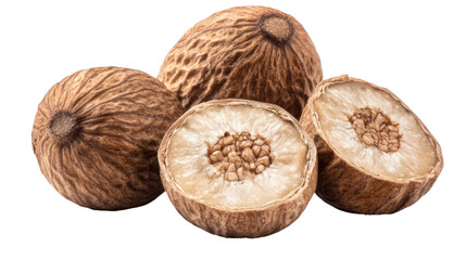 Nutmeg Spice: Whole and halved nutmeg fruits showcase their rich, warm brown color and intricate texture.  The image highlights the spice's natural beauty and aromatic qualities.