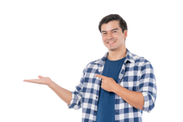 Smiling Handsome Asian Man in Casual Blue Plaid Shirt Pointing to Empty Space on Hand with Cheerful Expression, Presenting Product, Idea, or Advertisement Message, isolated on a transparent background