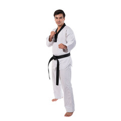 Male Taekwondo athlete in a traditional white dobok with a black belt, demonstrating a fighting...