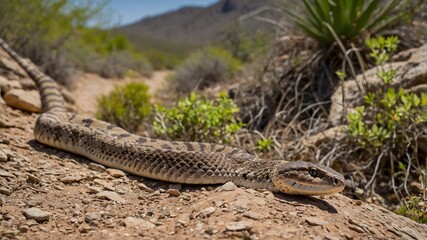 Obraz premium Hiking Trail Scene with Western Diamondback Rattlesnake and Hikers in Background