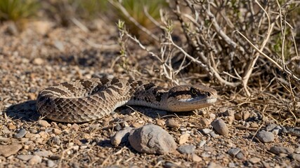 Obraz premium Camouflaged Western Diamondback Rattlesnake Blending with Desert Underbrush