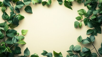 Fototapeta premium Green leaves frame a pale yellow background