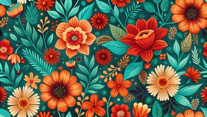 Vibrant Floral Pattern with Teals and Oranges A Seamless Design Featuring Large and Small Blossoms