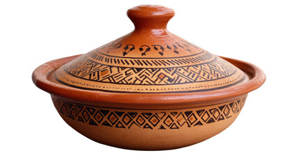 Moroccan Clay Tagine: A traditional Moroccan clay tagine, handmade with intricate geometric patterns and a dome-shaped lid, ready to slow-cook delicious and flavorful dishes.  
