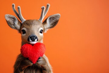 Fototapeta premium Marketing design. Elk - my cherished animal. Cute elk baby with fluffy red heart - sign of love, funny greeting card. Marketing concept. Zoo animals love designs. Wild love animals.