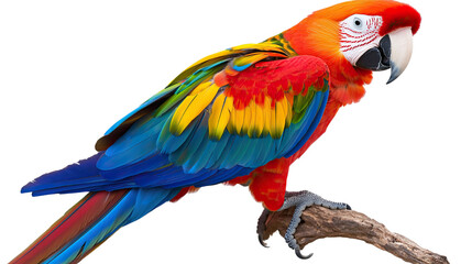 Obraz premium Scarlet Macaw on Branch: A vibrant scarlet macaw with striking red, yellow, and blue plumage perches on a weathered branch, its intelligent eyes gazing curiously into the distance.