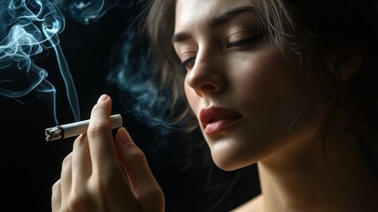 Obraz premium Close up portrait of a woman smoking a cigarette, capturing a moment of contemplation and allure in a dark atmosphere