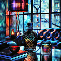 Luxurious whiskey bottle blurred geometric lights background blue light reflections on table