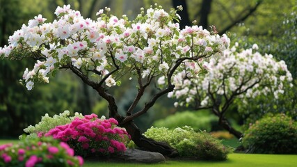 Vibrant garden scene with flowering trees, lush greenery, and colorful blooms in serene natural setting