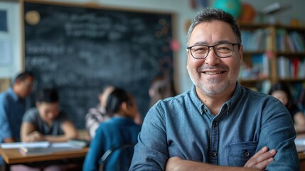 A male teacher stands confidently in front of his classroom, smiling at students who are focused on their lessons. The active atmosphere highlights a positive learning environment