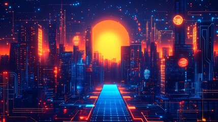 Obraz premium Neon Cityscape Glows Vividly Under a Burning Orange Sunset. AI Generated