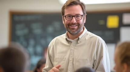A friendly male teacher actively facilitates a classroom discussion with students in an elementary school setting. His approachable demeanor encourages participation and learning