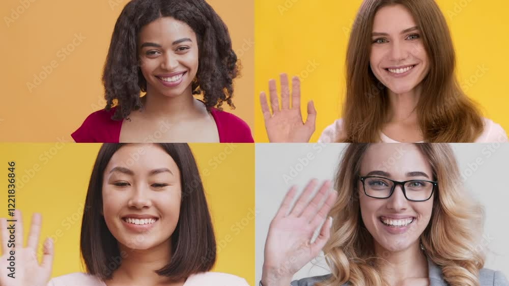 Aufkleber four multiracial people display joyful smiles against vibrant backgrounds. their diverse features an