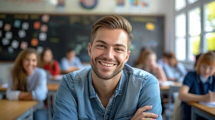 A cheerful male teacher engages with his elementary students in a vibrant classroom. The setting promotes a positive learning atmosphere, filled with focus and collaboration