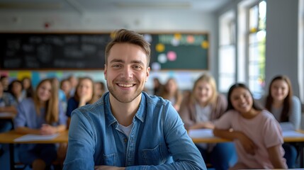 A dedicated male teacher smiles while interacting with high school students in a vibrant, well-lit classroom. The environment promotes active learning and participation among the teens