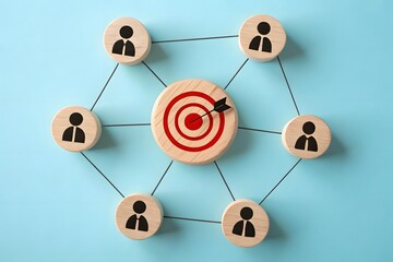 A team collaboration concept using wooden elements on a light blue background. Central Element: A wooden circle with a target and a red arrow hitting the bullseye should be placed at the center