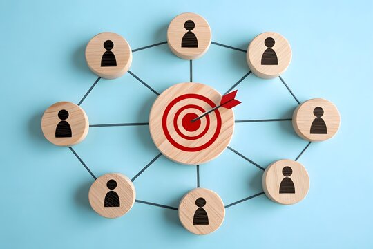 A team collaboration concept using wooden elements on a light blue background. Central Element: A wooden circle with a target and a red arrow hitting the bullseye should be placed at the center