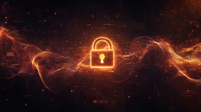 Abstract Glowing Padlock Surrounded by Waveforms