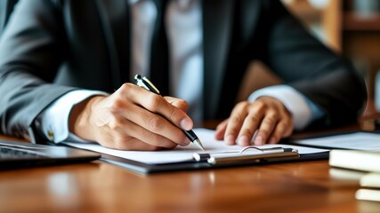 Close up of professional writing on document at desk, reflecting corporate atmosphere and focus on productivity