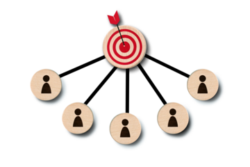 A team collaboration concept using wooden elements on a light blue background. Central Element: A wooden circle with a target and a red arrow hitting the bullseye should be placed at the center