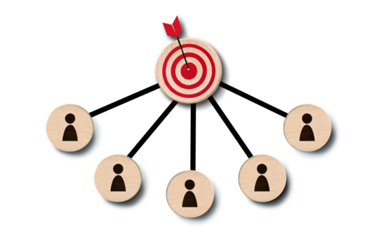 A team collaboration concept using wooden elements on a light blue background. Central Element: A wooden circle with a target and a red arrow hitting the bullseye should be placed at the center