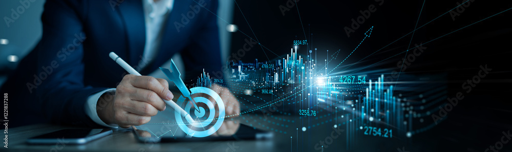 Poster businessman analyzing and calculating financial data for long term investment growth goals and compa