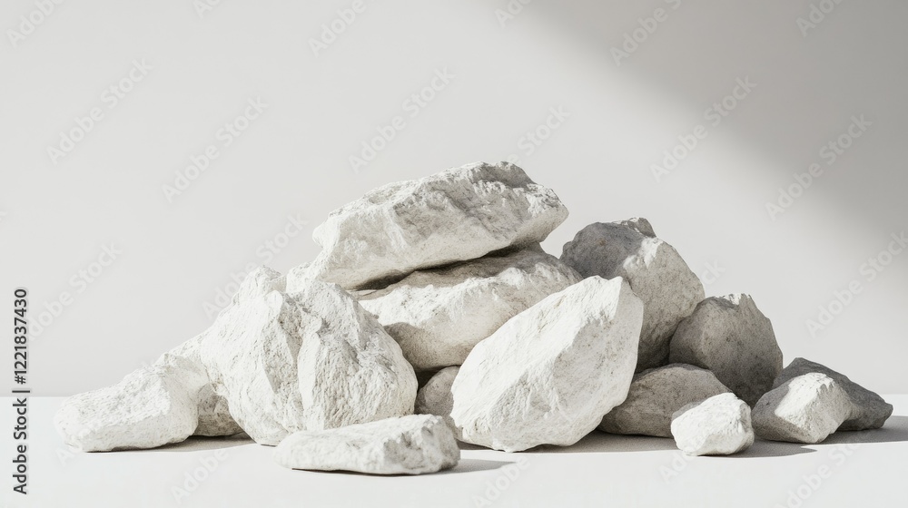 Poster white natural rocks stacked artistically on a minimalist surface with soft shadows and neutral backg