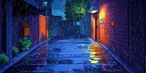 Obraz premium Rainy Night Alleyway Scene Urban Setting Ambiance