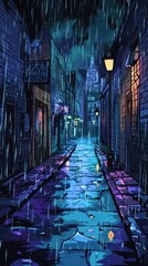Fototapeta premium Rainy Night City Alleyway Scene With Buildings and Lights