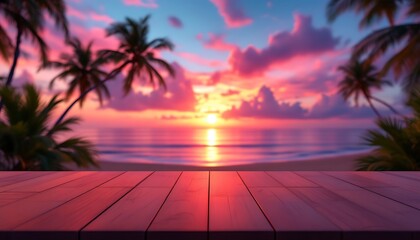 Naklejka premium Serene Tropical Sunset Beach Wooden Deck View