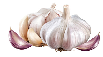 Obraz premium Garlic Bulbs: A close-up shot of whole garlic bulbs with cloves, showcasing their vibrant purple and white colors. Perfect for culinary and medical contexts.