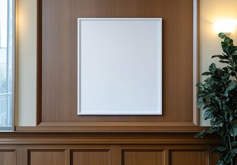 Blank white frame on wood wall.
