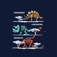 Colorful Dinosaur skeletons. Various bones of prehistoric creatures. Hand drawn modern Vector illustration. Museum, fossil, archaeological finds, paleontology concept. Square seamless Pattern © itsaart
